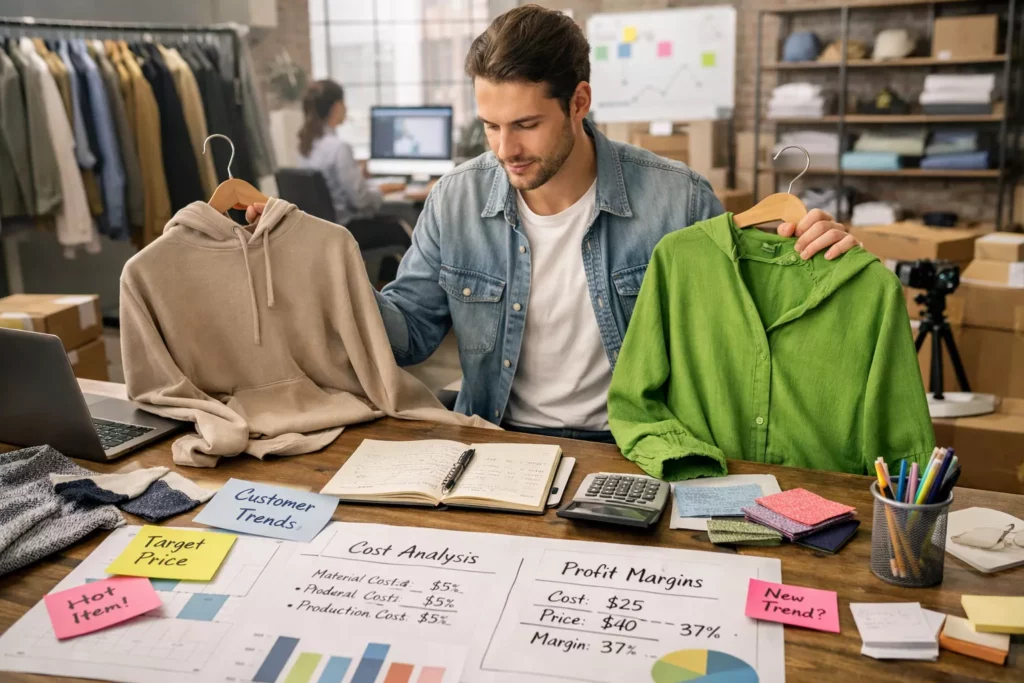 Founder comparing personal favorite clothing concepts with customer demand notes, pricing, and margin calculations on a product planning table