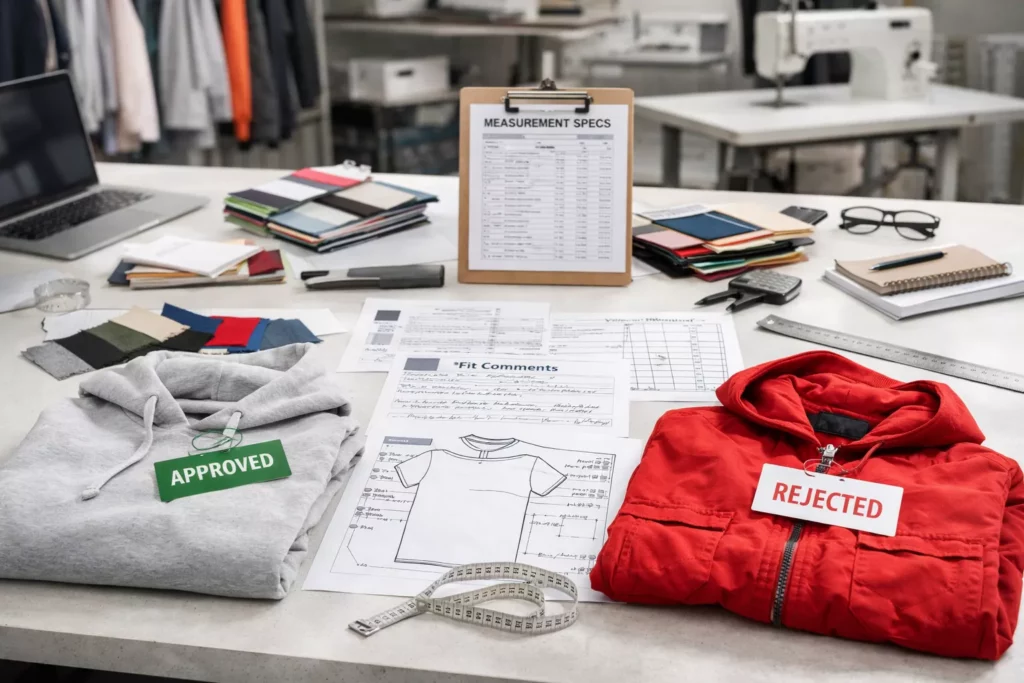 Apparel product development desk with tech packs, fit comments, approved and rejected samples, measurement notes, and fabric swatches