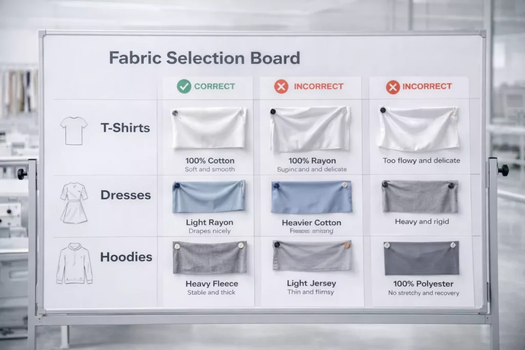 Fabric selection board showing correct and incorrect fabric choices for t-shirts, dresses, hoodies, and activewear, with drape and structure comparisons