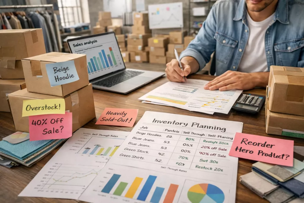 Apparel inventory planning scene with cartons, sell-through notes, overstock warnings, and hero-product reorder decisions on a founder’s desk