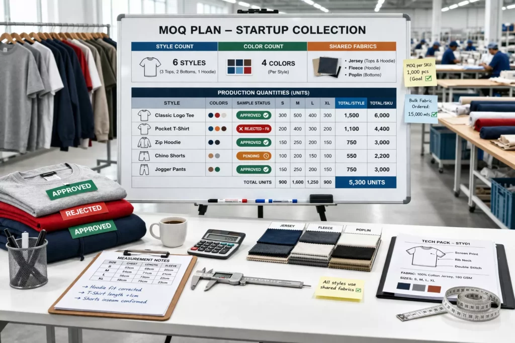 MOQ planning board showing style count, color count, shared fabrics, and production quantities for a startup collection