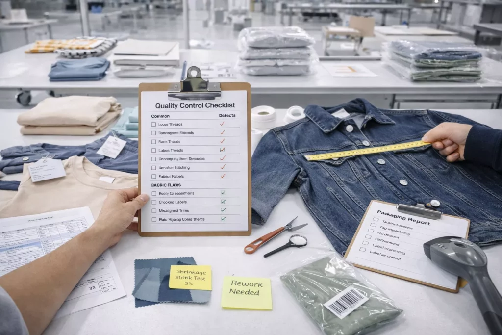 Quality control table with measured garments, defect checklists, stitching inspection, shrinkage test notes, and packaging review