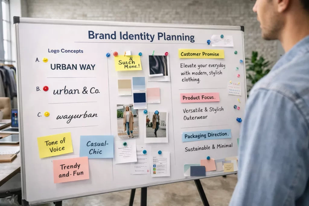 Brand identity planning board with logo concepts, tone of voice notes, customer promise, product focus, and packaging direction in a polished startup fashion workspace