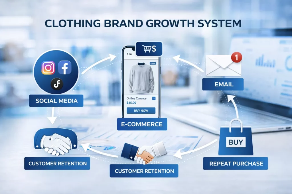 Clothing brand growth system visual showing social media, ecommerce, email, customer retention, and repeat purchase connected together