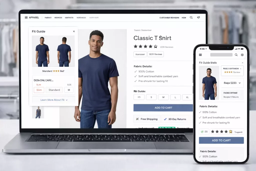 Modern apparel ecommerce mockup showing strong product pages with fit guide, fabric details, trust signals, and mobile-friendly layout