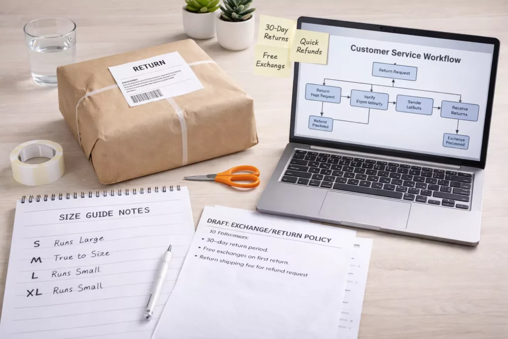 Apparel returns planning scene with size guide notes, exchange policy draft, return package, and customer service workflow mapped on a laptop