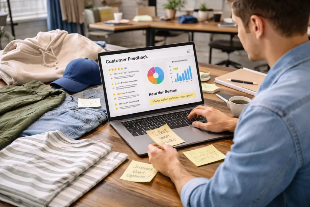 Founder reviewing customer reviews, return reasons, size feedback, and reorder notes on a laptop beside garments from the first collection,