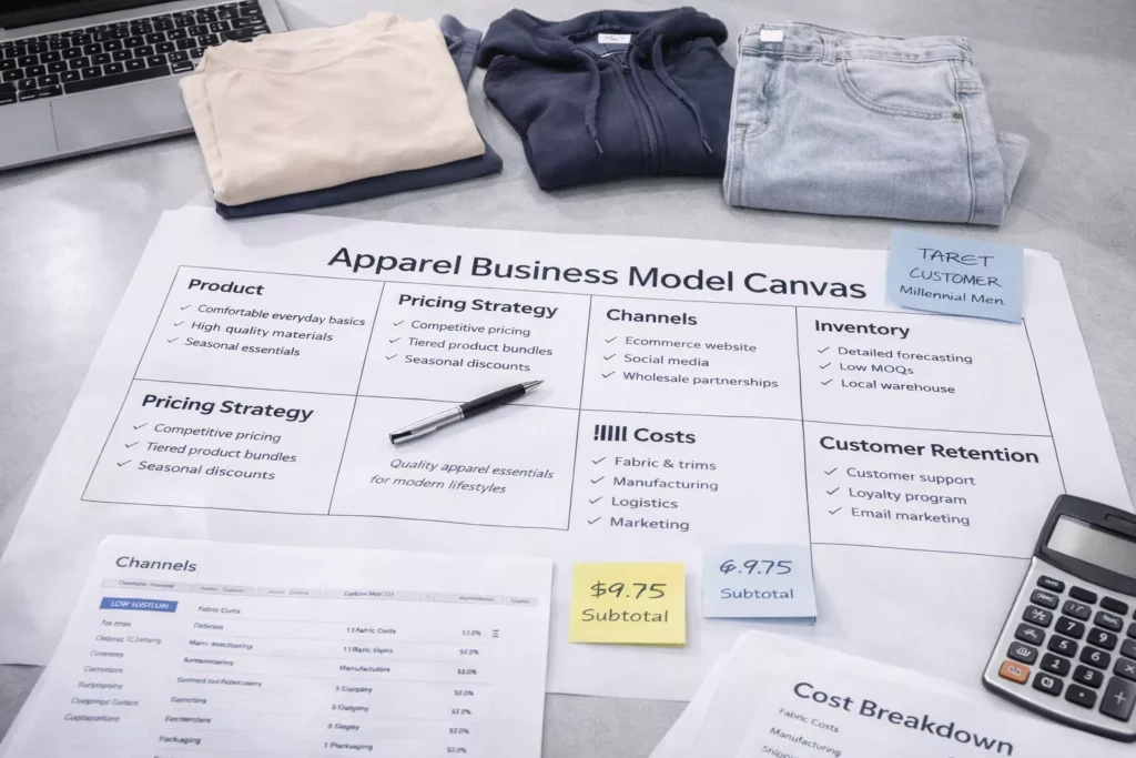 Apparel business model canvas on a founder’s desk with product, pricing, channel, inventory, and customer-retention sections filled in beside garments and cost sheets