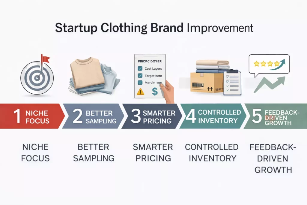 Step-by-step startup clothing brand improvement framework showing niche focus, better sampling, smarter pricing, controlled inventory, and feedback-driven growth,