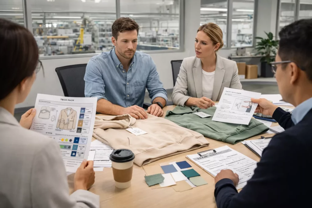 Professional apparel development meeting with founder, tech packs, sample garments, fabric swatches, and production notes reviewed by a merchandising team in a modern factory office