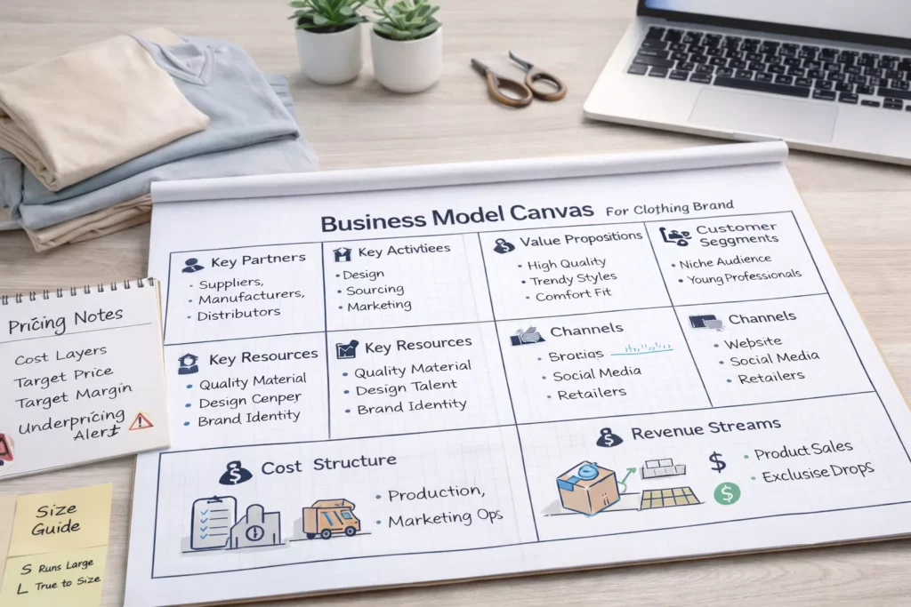 Business model canvas for a clothing brand displayed on a desk with sample garments, pricing notes, and fulfillment workflow icons