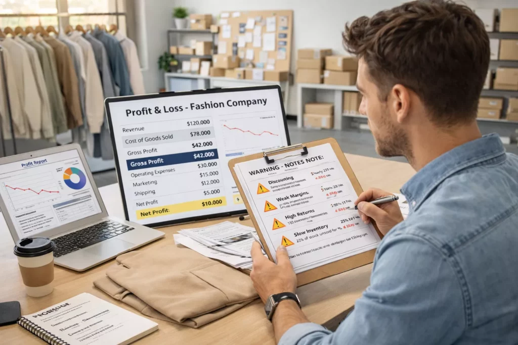 Fashion founder reviewing profit and loss notes with warning signs such as discounting, weak margins, high returns, and slow inventory movement