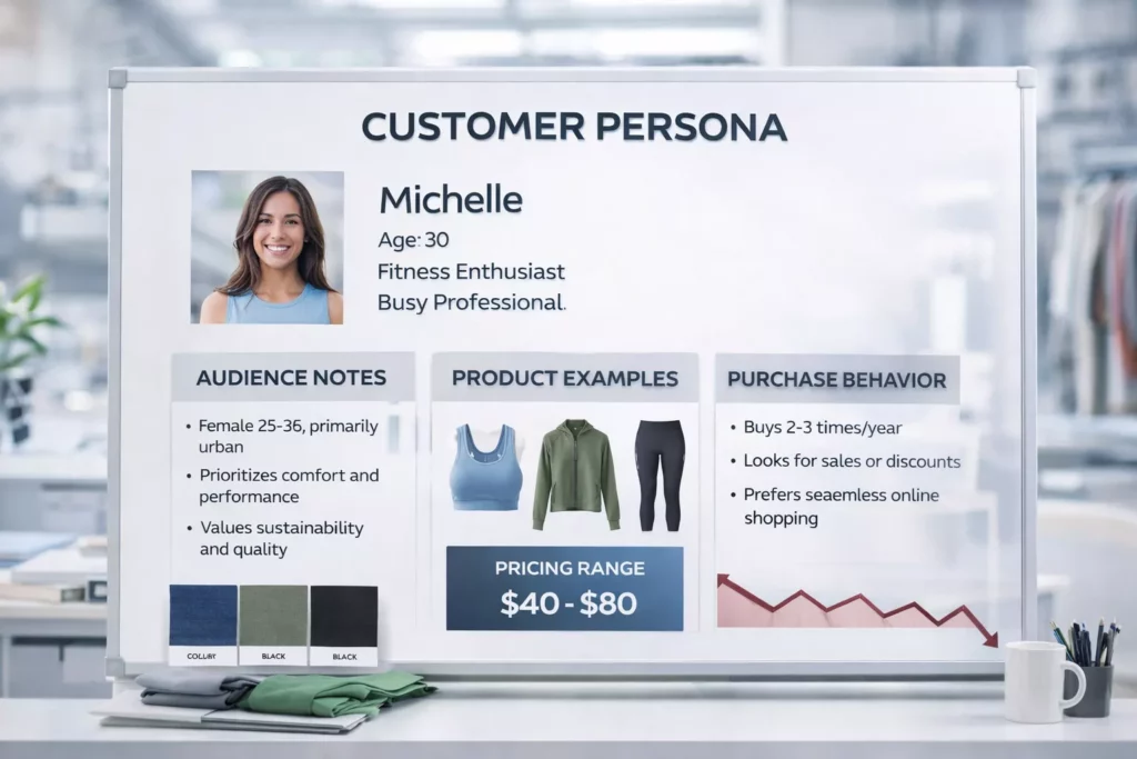 Customer persona board for an apparel brand with audience notes, product examples, pricing range, and purchase behavior insights