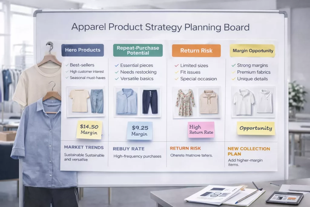 Apparel product strategy planning board with hero products, repeat-purchase potential, return risk, and margin opportunity notes beside sample garments