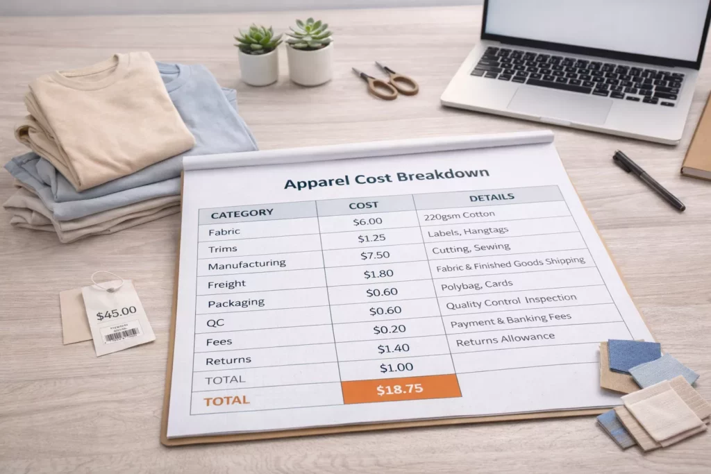 Detailed apparel cost breakdown sheet showing fabric, trims, manufacturing, freight, packaging, QC, fees, and returns allowance beside sample products