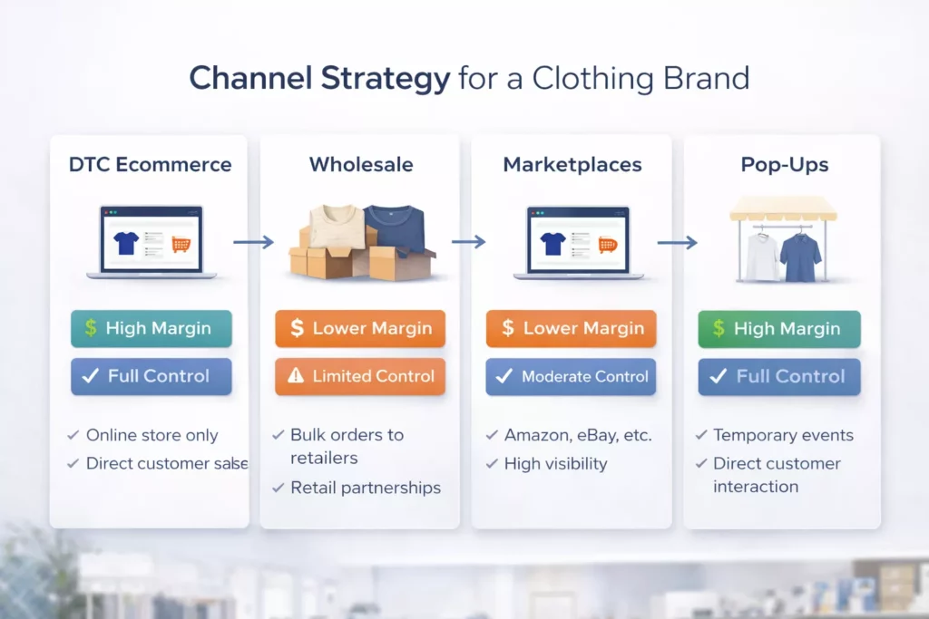 Channel strategy board for a clothing brand showing DTC ecommerce, wholesale, marketplaces, and pop-ups with margin and control notes
