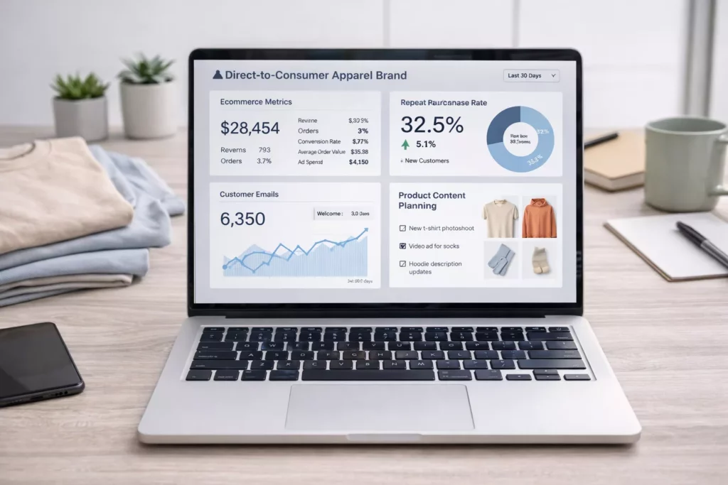 Direct-to-consumer apparel brand dashboard with ecommerce metrics, repeat purchase rate, customer emails, and product content planning on screen