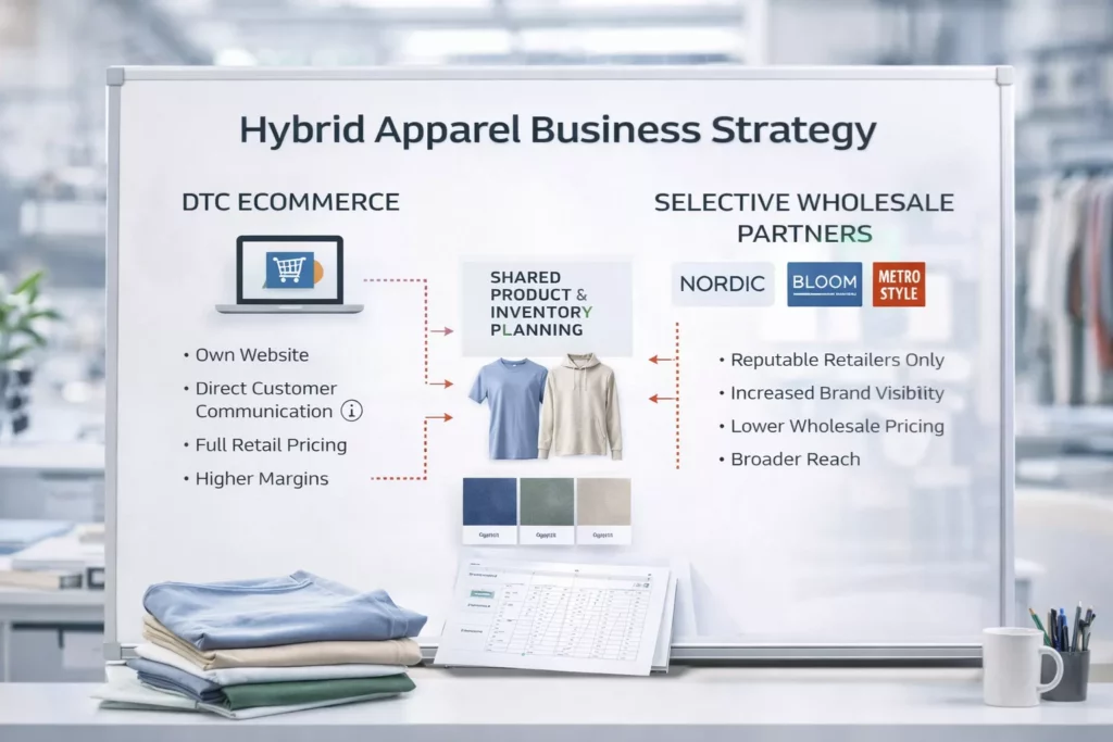 Hybrid apparel business strategy board showing DTC ecommerce on one side and selective wholesale partners on the other, connected by shared product and inventory planning
