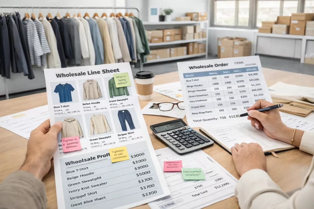 Wholesale apparel order planning scene with line sheets, buyer notes, bulk quantity calculations, and garment racks in a professional showroom