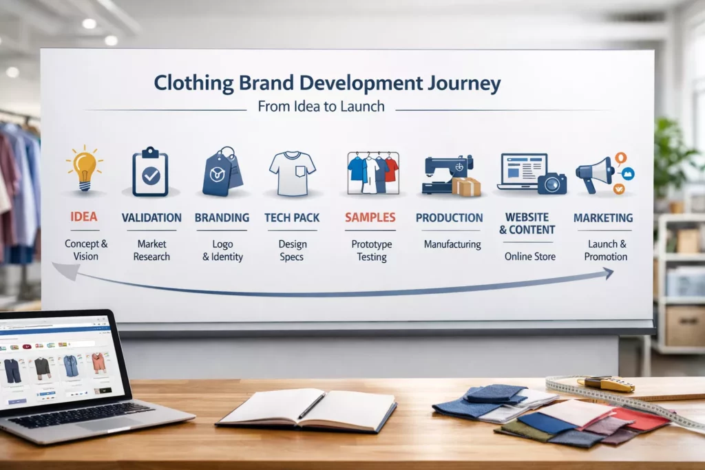 a clothing brand development journey from idea to launch with stages for validation, branding, tech pack, samples, production, website, content, and marketing