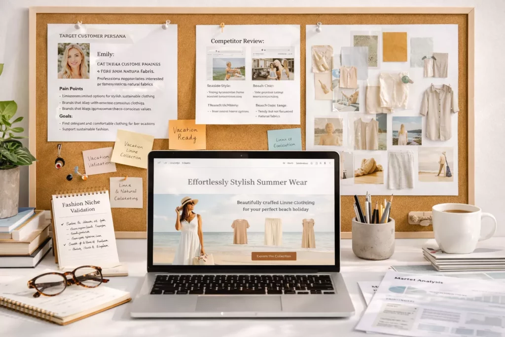 Fashion niche validation workspace with customer persona notes, competitor screenshots, product mood boards, and a landing page draft on laptop