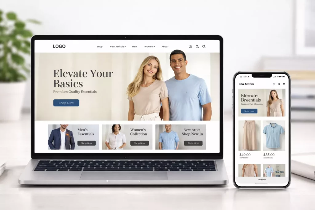 Clothing e-commerce website mockup displayed on laptop and mobile screens