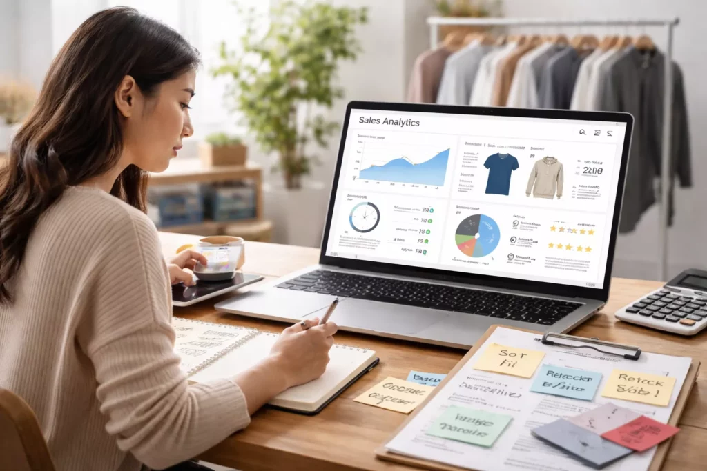 Founder reviewing clothing brand sales analytics and customer feedback notes.