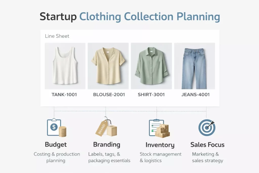 Modern infographic showing a startup clothing collection planning concept with a few carefully selected garments on a line sheet, plus icons for budget, branding, inventory, and sales focus