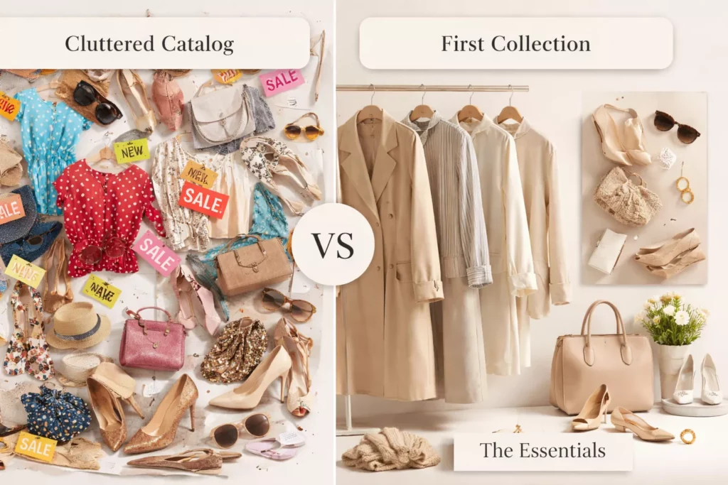 Side-by-side concept image showing a cluttered fashion catalog on one side and a focused coordinated first collection on the other