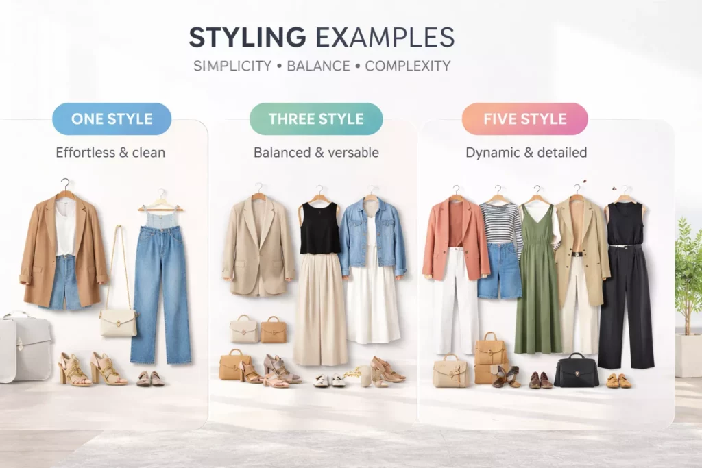 Visual lineup of one-style, three-style, and five-style first collection scenarios with notes on simplicity, balance, and complexity