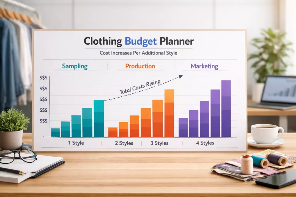 Startup clothing budget planner showing how each added style increases costs across sampling, production, and marketing