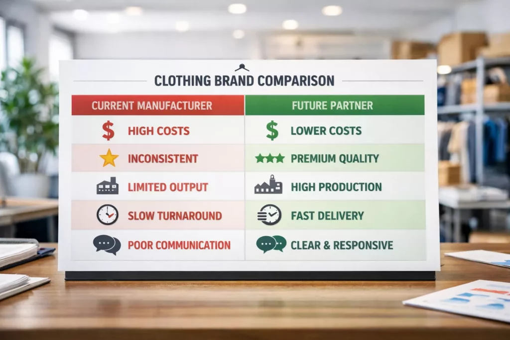 Modern infographic showing a clothing brand comparing its current manufacturer versus a future manufacturing partner across cost, quality, capacity, speed, and communication