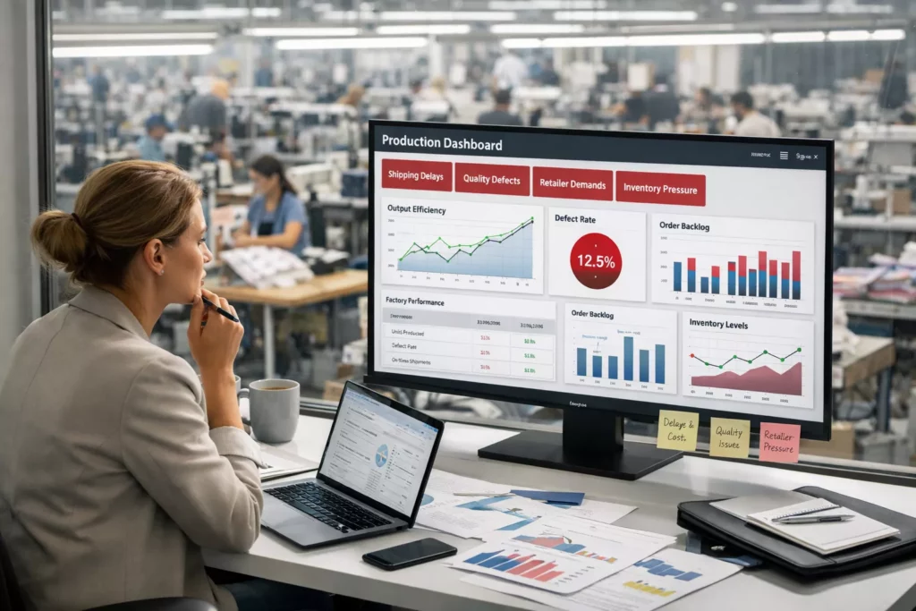 Clothing founder reviewing growth-stage challenges such as delays, defects, retailer demands, and inventory pressure while analyzing factory performance on a dashboard