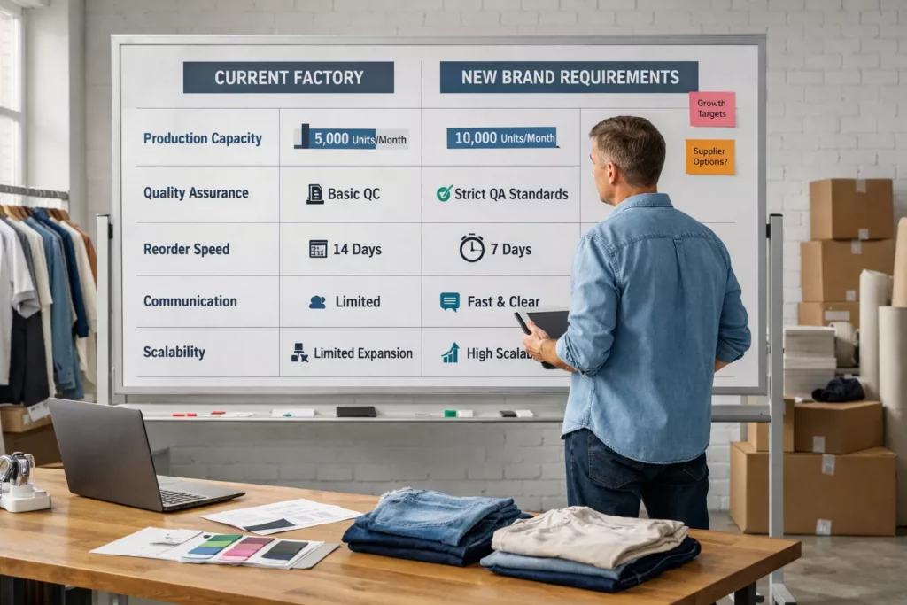 Founder comparing current factory strengths against new brand requirements like larger capacity, stronger QA, and faster reorders on a strategic planning board