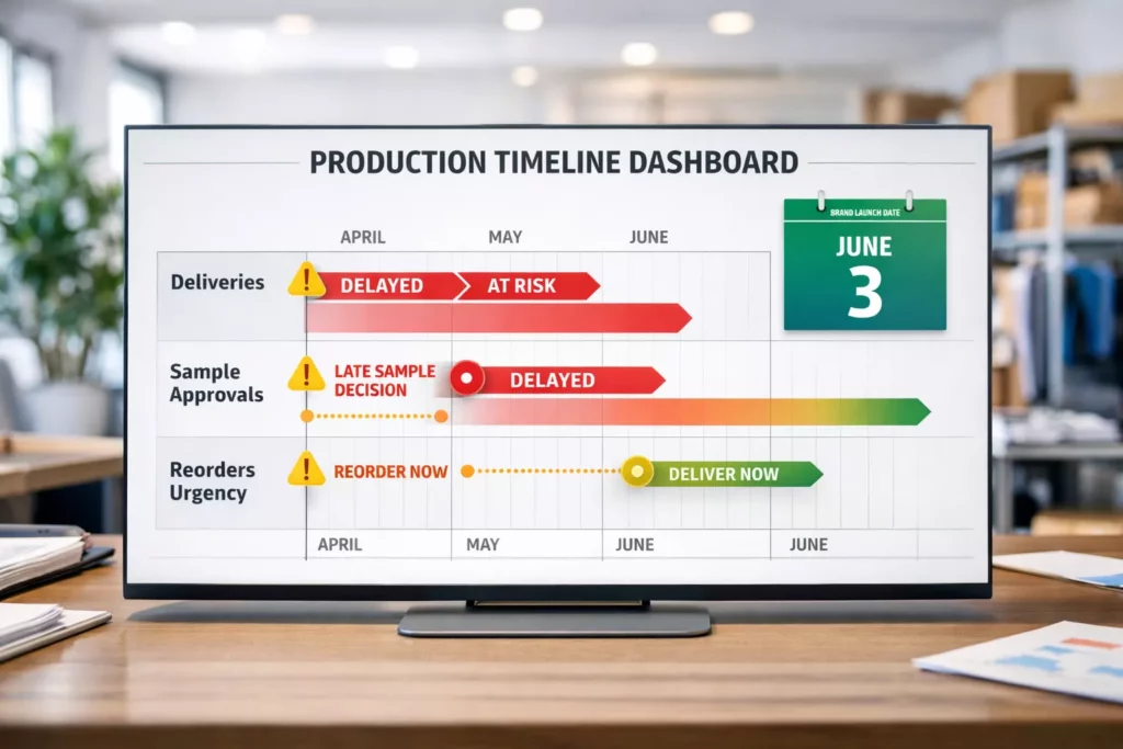 Production timeline dashboard showing slipping delivery dates, delayed sample approvals, and reorder urgency against a brand launch calendar