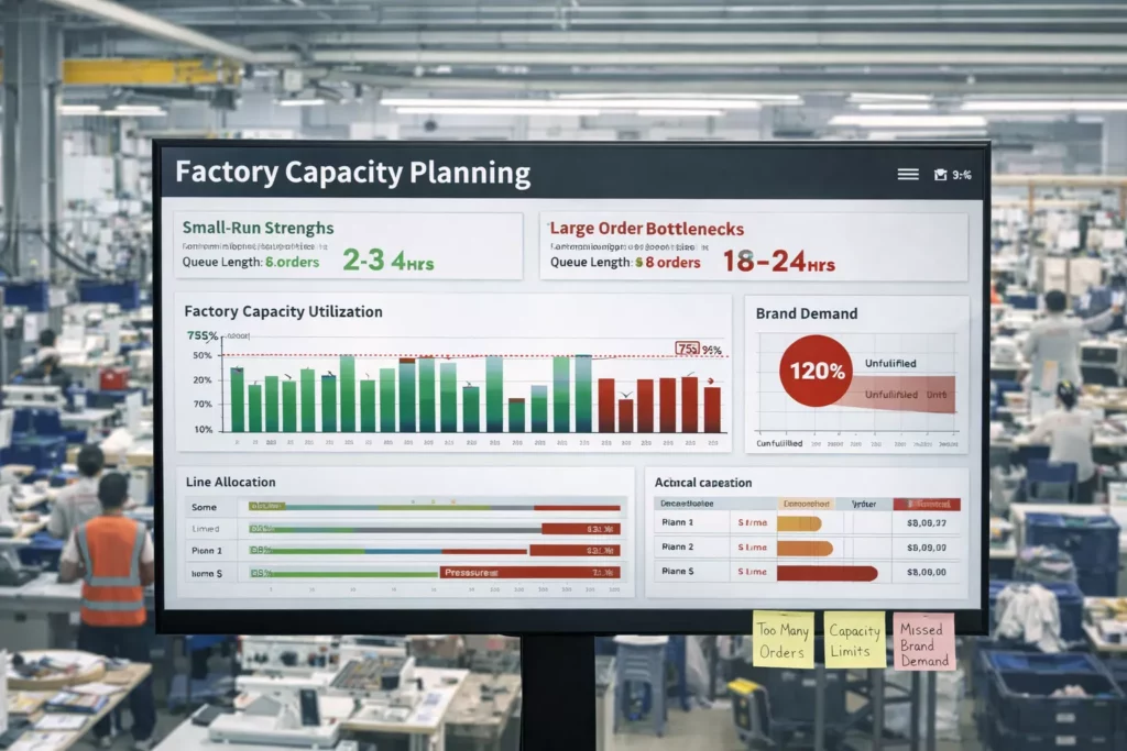 Factory capacity planning chart showing small-run strength but larger-order bottlenecks, line allocation pressure, and unmet brand demand