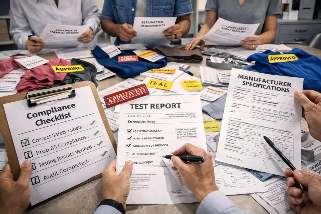 Apparel compliance review scene with labels, testing reports, audit notes, and retailer requirement sheets being checked against manufacturer documents