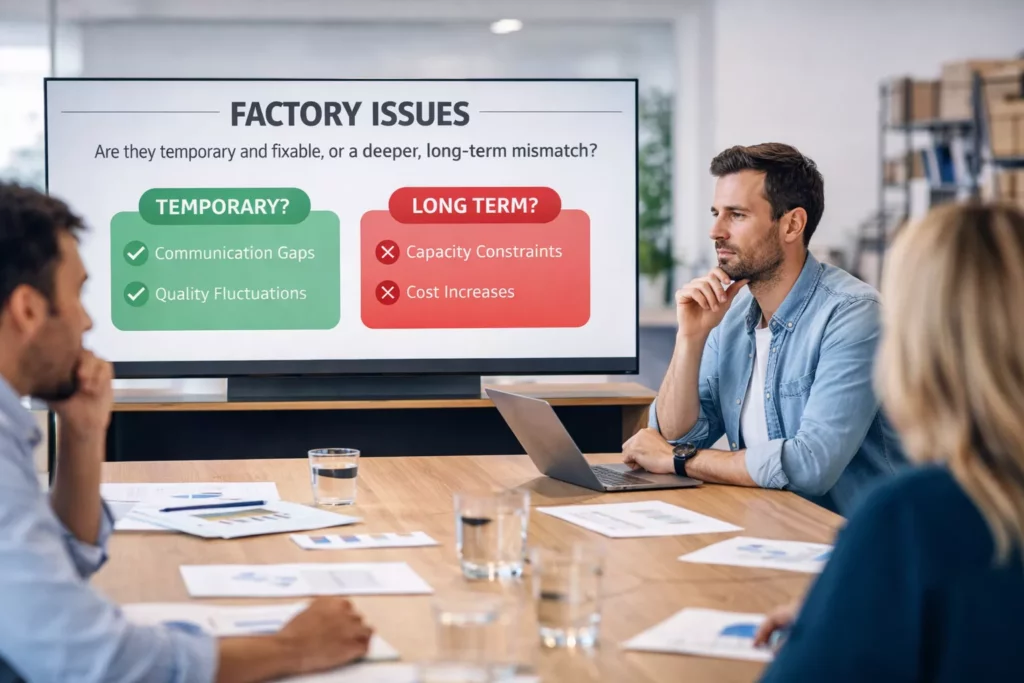 Strategic review meeting showing a founder deciding whether factory issues are temporary and fixable or part of a deeper, long-term mismatch