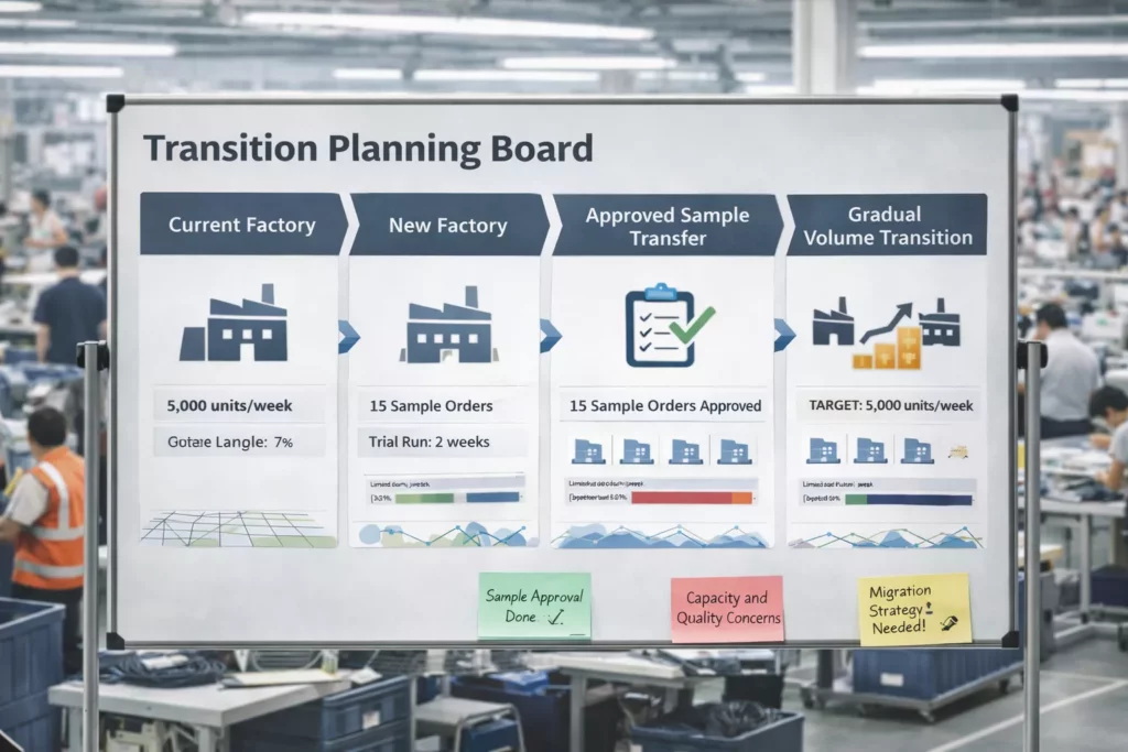 Transition planning board showing current factory, new factory trial, approved sample transfer, limited pilot run, and gradual volume migration