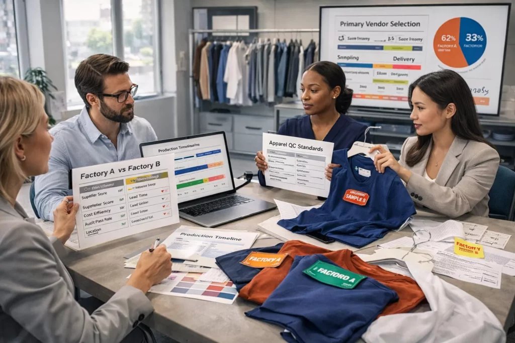 Professional apparel sourcing meeting with factory comparison reports, approved samples, production timelines, and QC standards reviewed by a merchandising team in a modern office