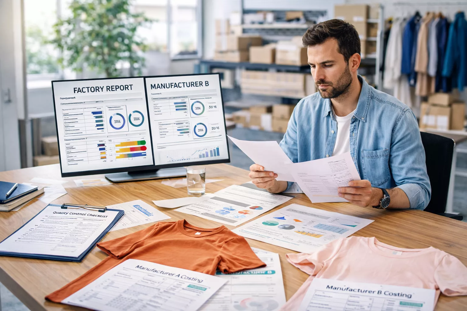 apparel sourcing strategy scene showing a clothing brand founder reviewing factory reports, sample garments, costing sheets, quality control checklists, and production timelines while comparing two manufacturers in a modern office