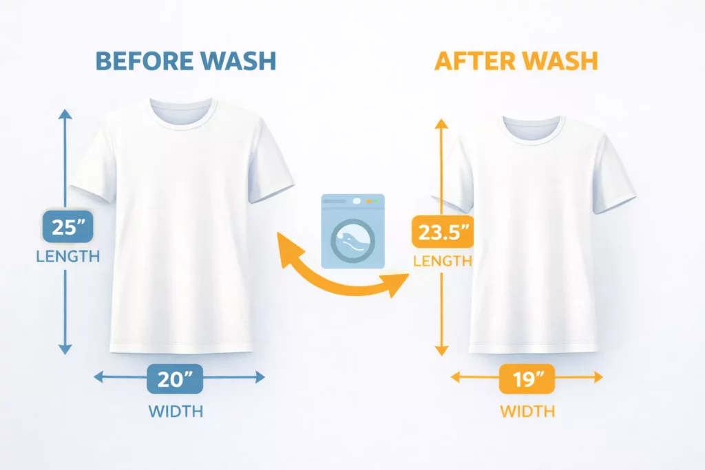 Educational infographic showing fabric before wash and after wash with visible size reduction, arrows, measurement labels, and garment icons,