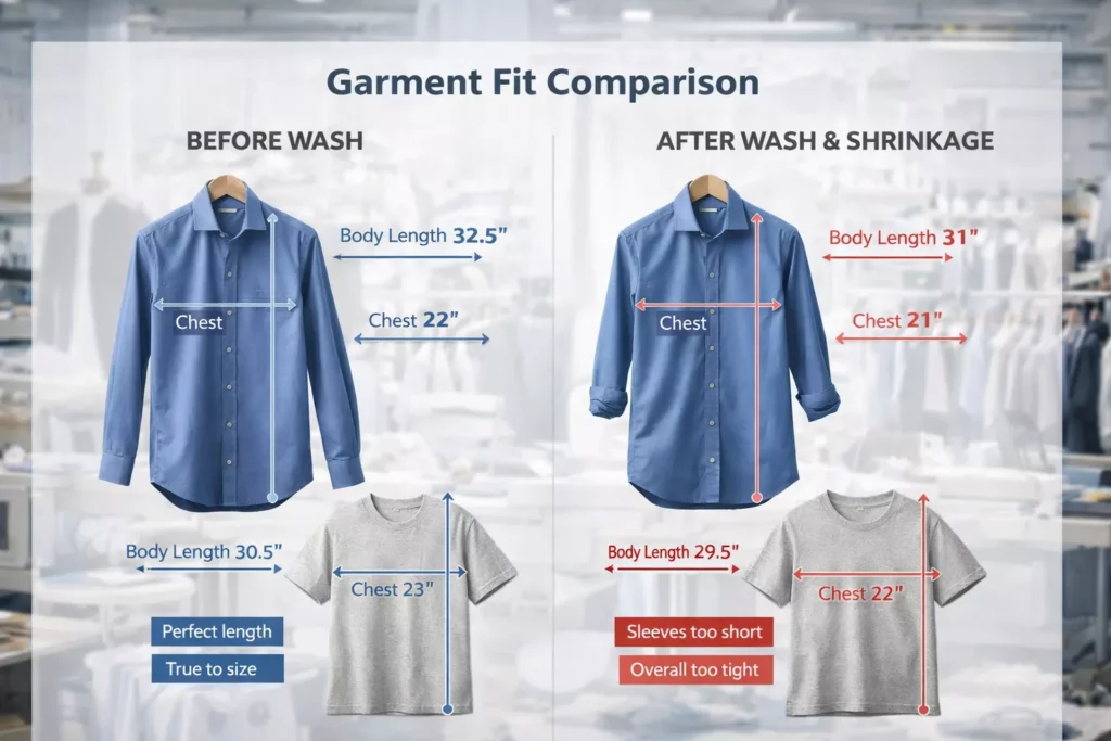 Garment fit comparison scene showing a shirt and t-shirt before wash and after shrinkage, with measurement callouts and customer fit notes
