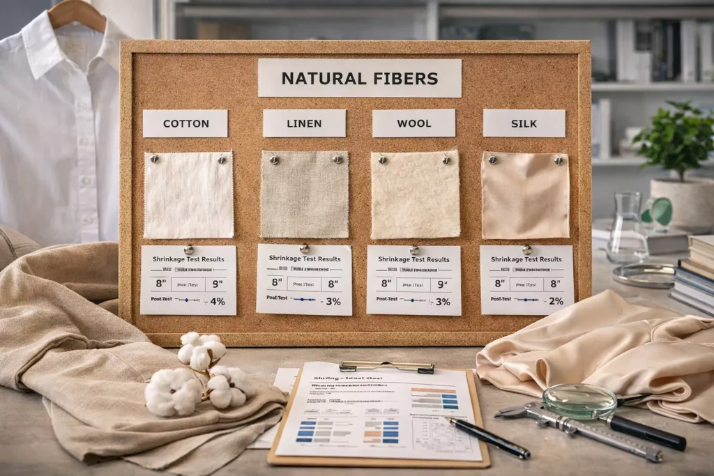 Natural fiber textile board showing cotton, linen, wool, and silk swatches with shrinkage test notes and garment samples