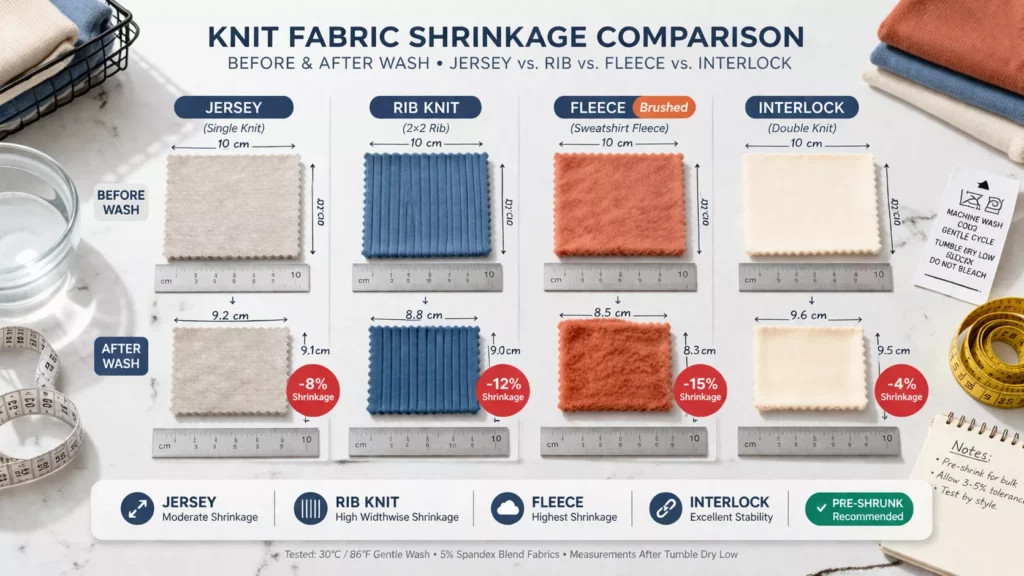 Knit fabric shrinkage comparison with jersey, rib, fleece, and interlock swatches marked before and after wash