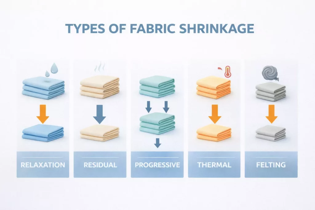Educational chart illustrating relaxation, residual, progressive, thermal, and felting-related shrinkage with fabric icons and arrows