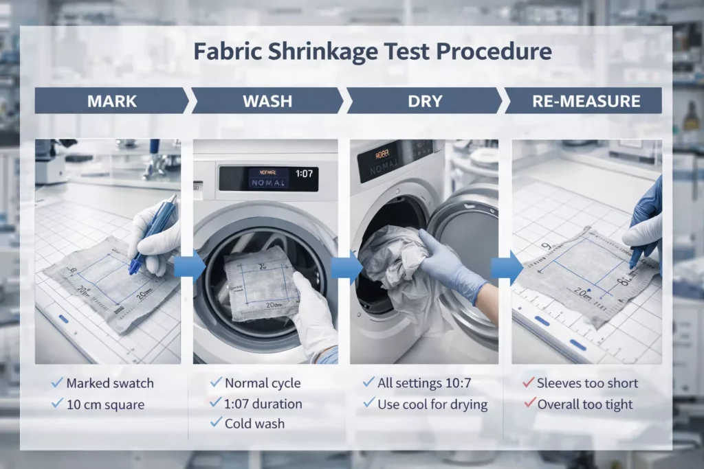 Fabric shrinkage test procedure shown step by step with marked swatch, washing, drying, and re-measuring stages