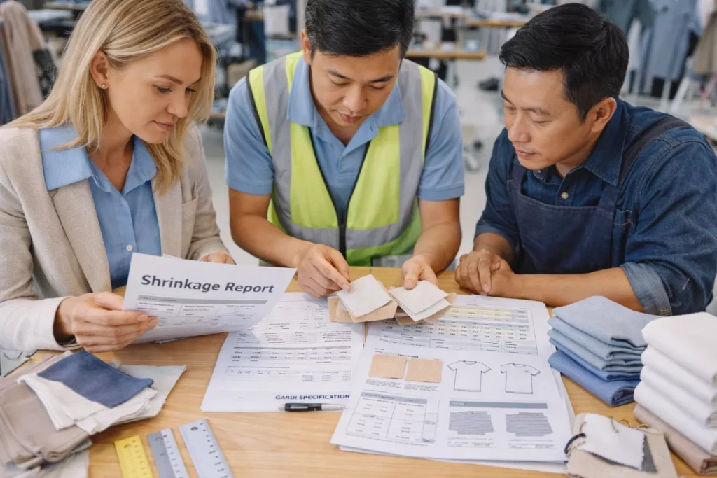 Merchandiser, fabric supplier, and factory team reviewing shrinkage reports, test swatches, and garment specifications together in a modern production meeting