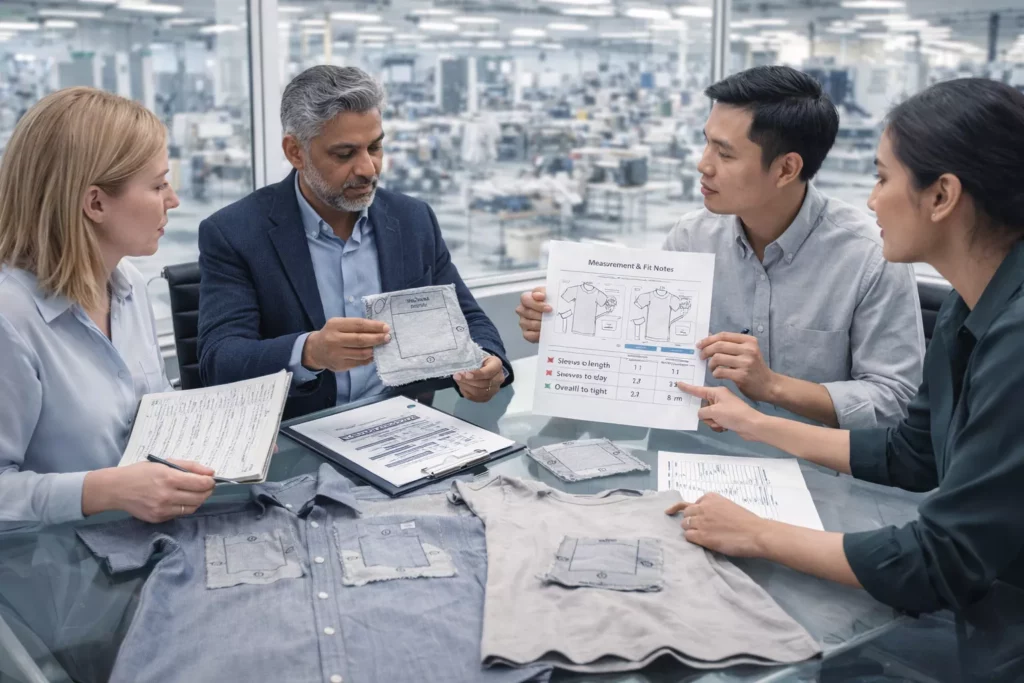 Professional apparel development meeting with shrinkage test swatches, garments, measurement reports, and mill-factory notes reviewed by a sourcing team in a modern factory office