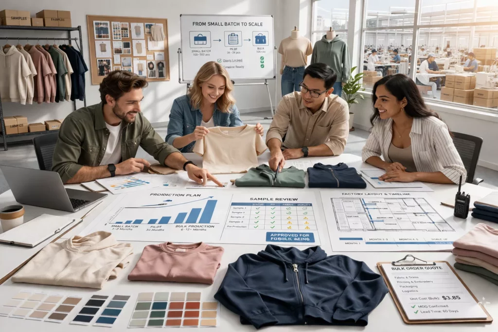A growing fashion brand team reviewing sample garments on table, production charts, fabric swatches, and factory plans before scaling from small batch to bulk production